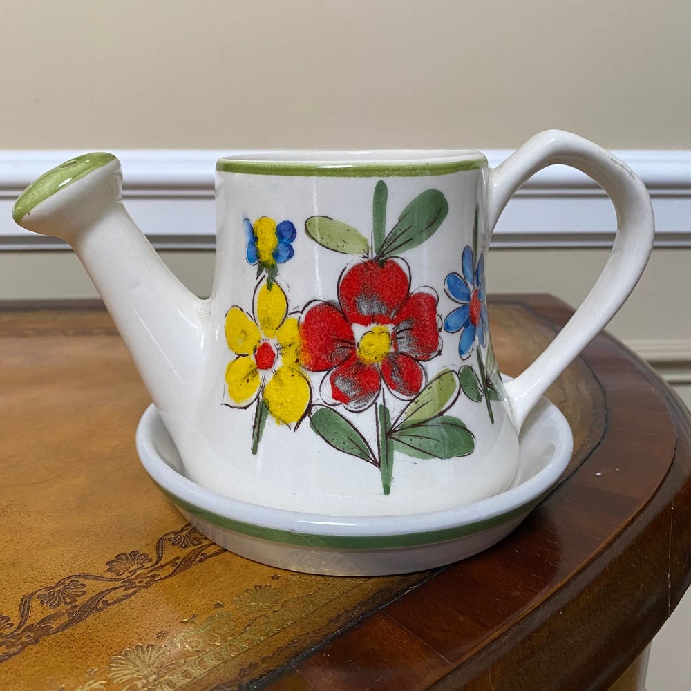 Vintage Hand Painted Ceramic Watering Can Vase Planter